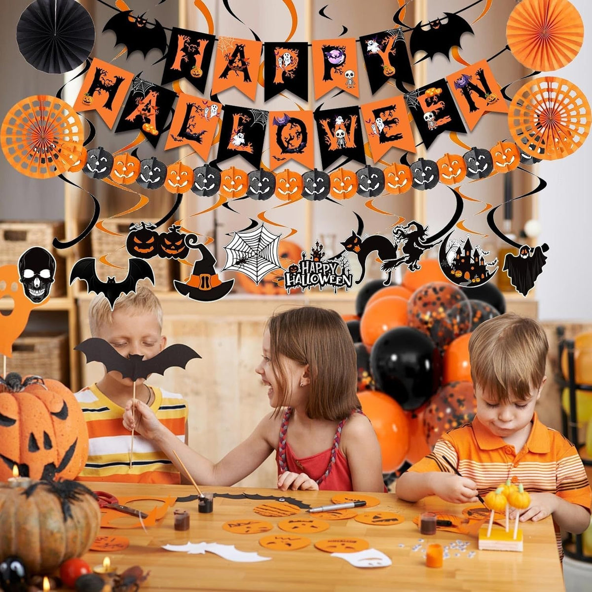 Halloween Party Decor Kit – Banner, Paper Fans, Streamers & 30 Balloons – photo 2