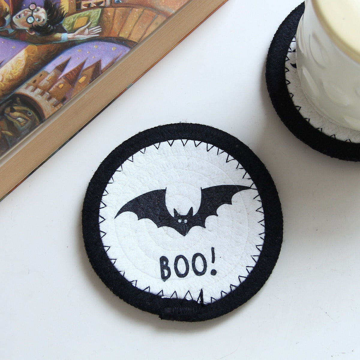 Cotton rope coaster with a bat and BOO! design