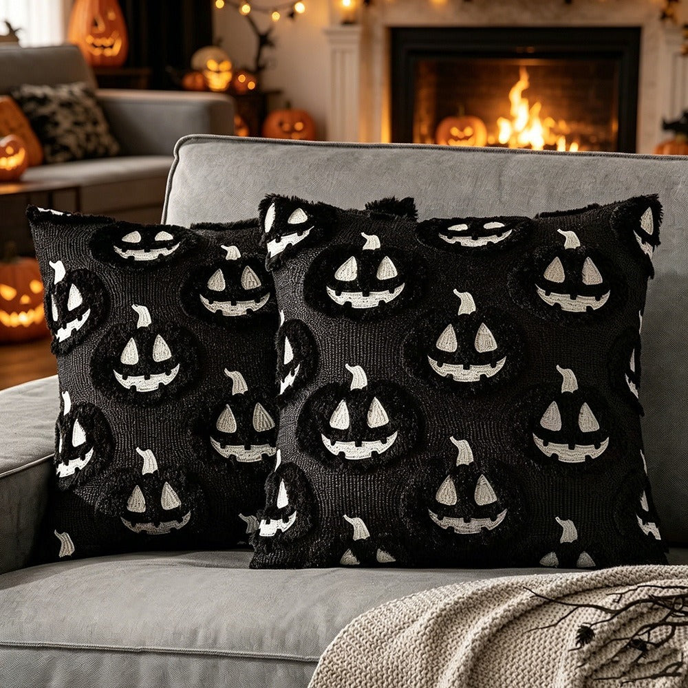 Halloween pumpkin pillow cover, black design, 18 x 18 in