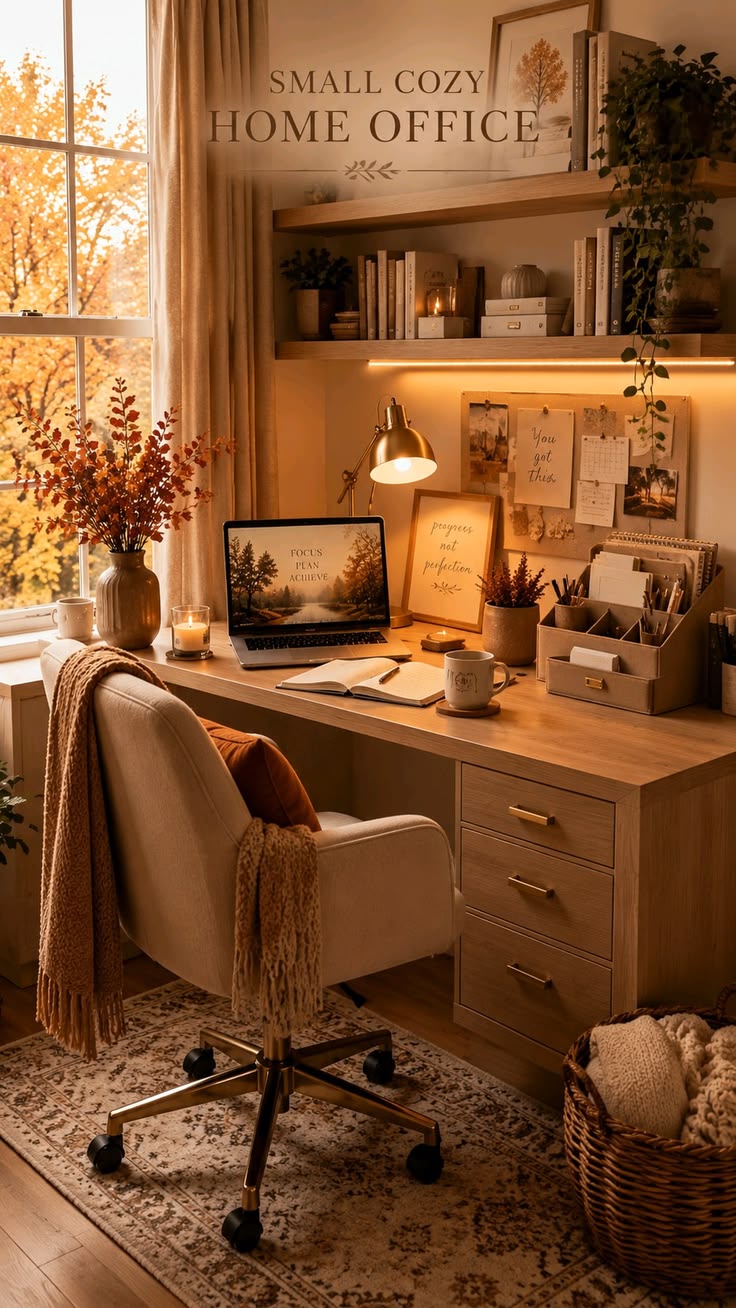 Fall and Halloween desk corner styled with pumpkins, a witch figurine and a ghost figurine