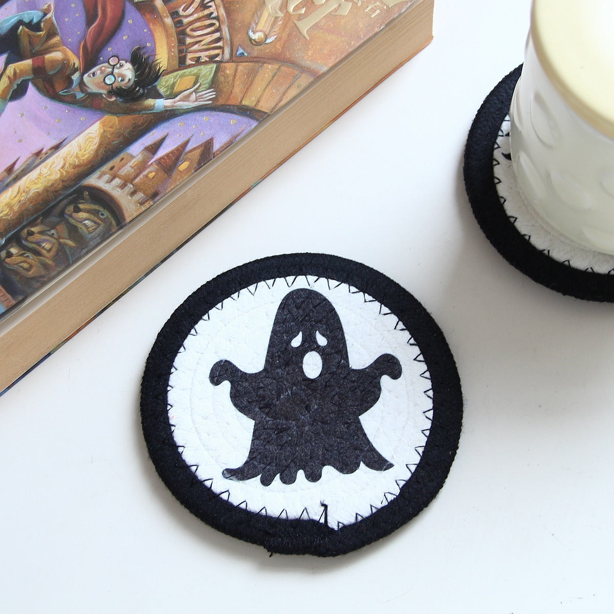 Cotton rope coaster with a ghost design