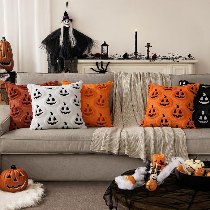Halloween pumpkin pillow covers, orange design, 18 x 18 in