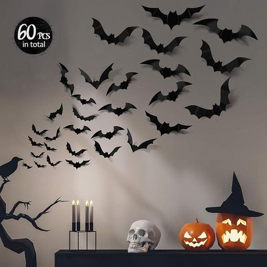 3D Bats Wall Decor – 60-Pack, 4 Sizes, Halloween Window Stickers – photo 1