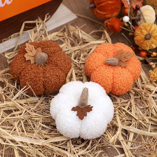 Plush Fabric Pumpkins – Set of 3, Orange Brown & White