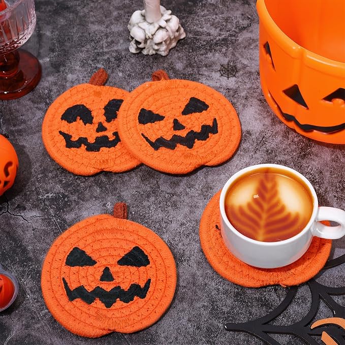 Pumpkin Coasters – Set of 4, Handwoven Cotton Cup Mats – photo 1