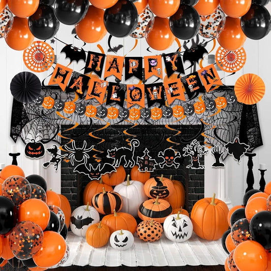 Halloween Party Decor Kit – Banner, Paper Fans, Streamers & 30 Balloons – photo 1