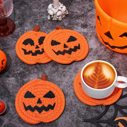 Handwoven pumpkin-shaped cotton coasters, set of 4