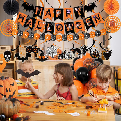 Halloween Party Decor Kit – Banner, Paper Fans, Streamers & 30 Balloons – photo 2