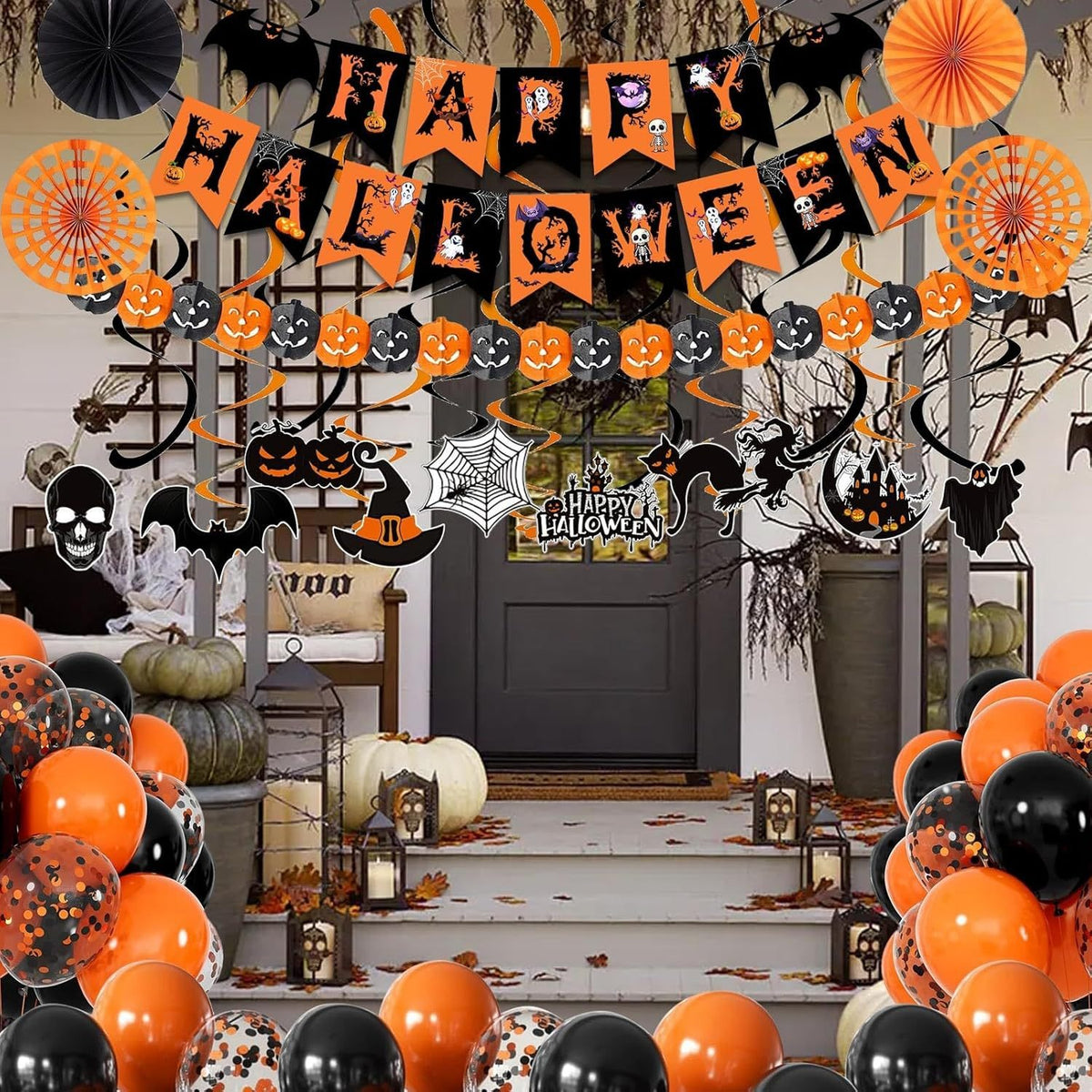 Halloween Party Decor Kit – Banner, Paper Fans, Streamers & 30 Balloons – photo 3