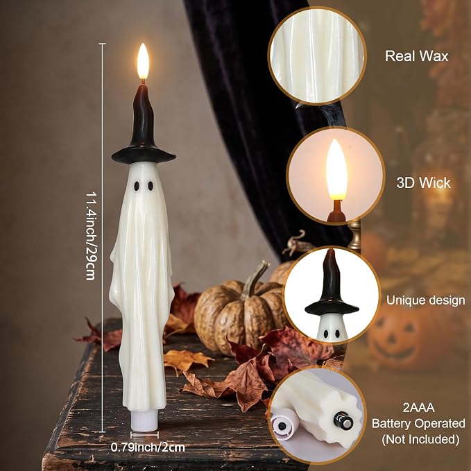 Flameless Ghost Taper Candles – 2-Pack, Battery Operated with Timer – photo 3