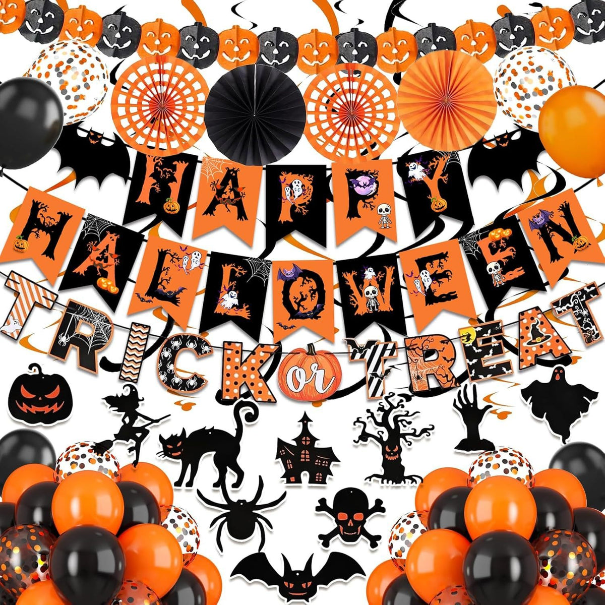 Halloween Party Decor Kit – Banner, Paper Fans, Streamers & 30 Balloons – photo 4