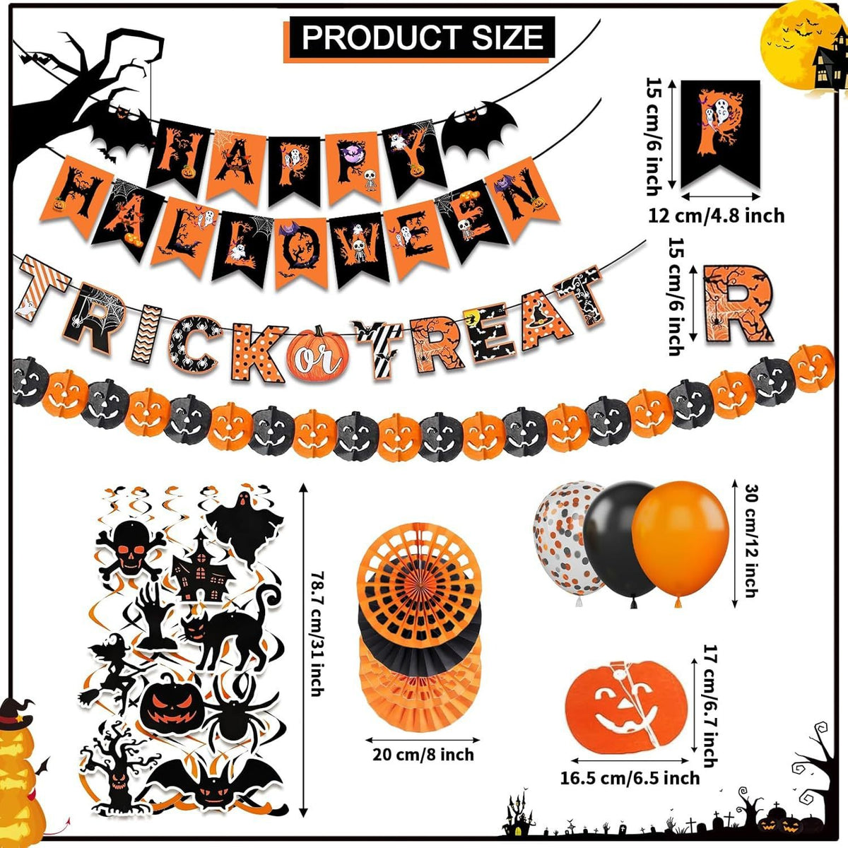 Halloween Party Decor Kit – Banner, Paper Fans, Streamers & 30 Balloons – photo 5