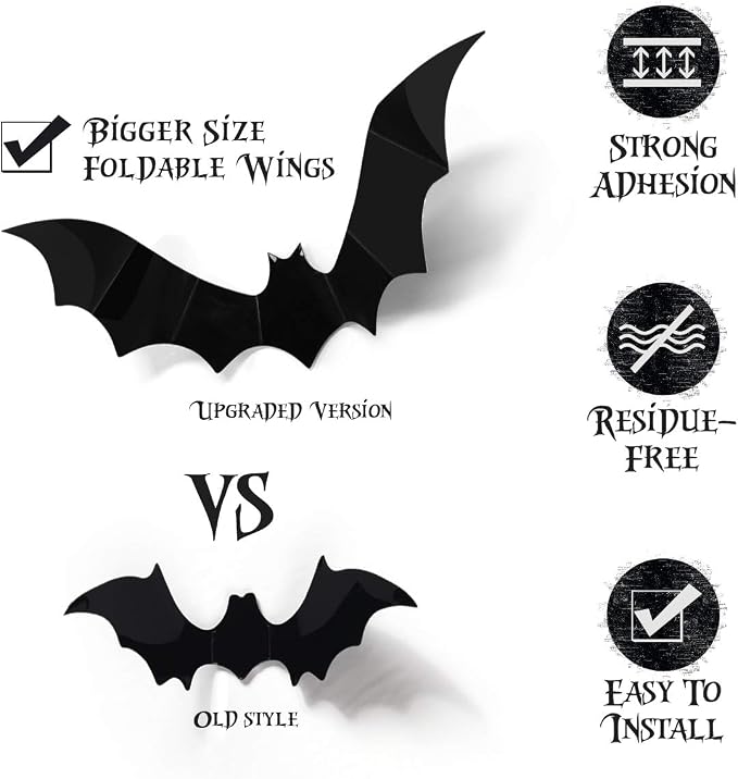3D Bats Wall Decor – 60-Pack, 4 Sizes, Halloween Window Stickers – photo 6