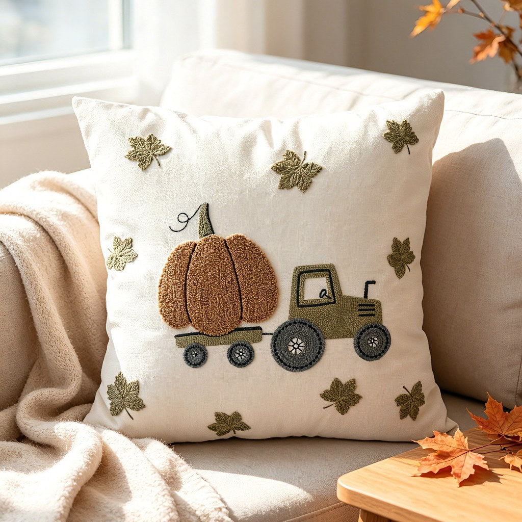 Pillow cover with embroidered pumpkin, tractor and maple leaf pattern