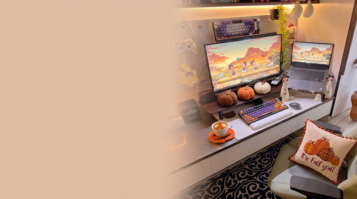 Fall and Halloween desk corner styled with pumpkins, a witch figurine and a ghost figurine