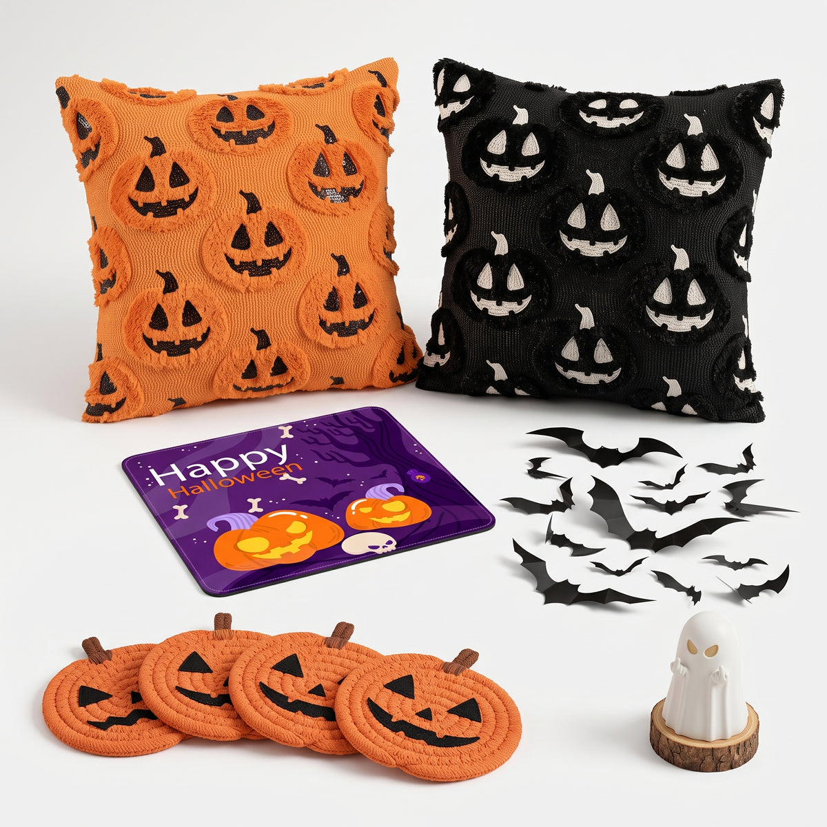 Spooky Corner Bat & Ghost Set — two pumpkin pillow covers, a purple Halloween mouse pad, four pumpkin coasters, 3D bats and a small ghost figurine arranged on a white studio background