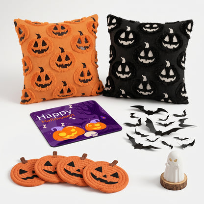 Spooky Corner Bat & Ghost Set — two pumpkin pillow covers, a purple Halloween mouse pad, four pumpkin coasters, 3D bats and a small ghost figurine arranged on a white studio background