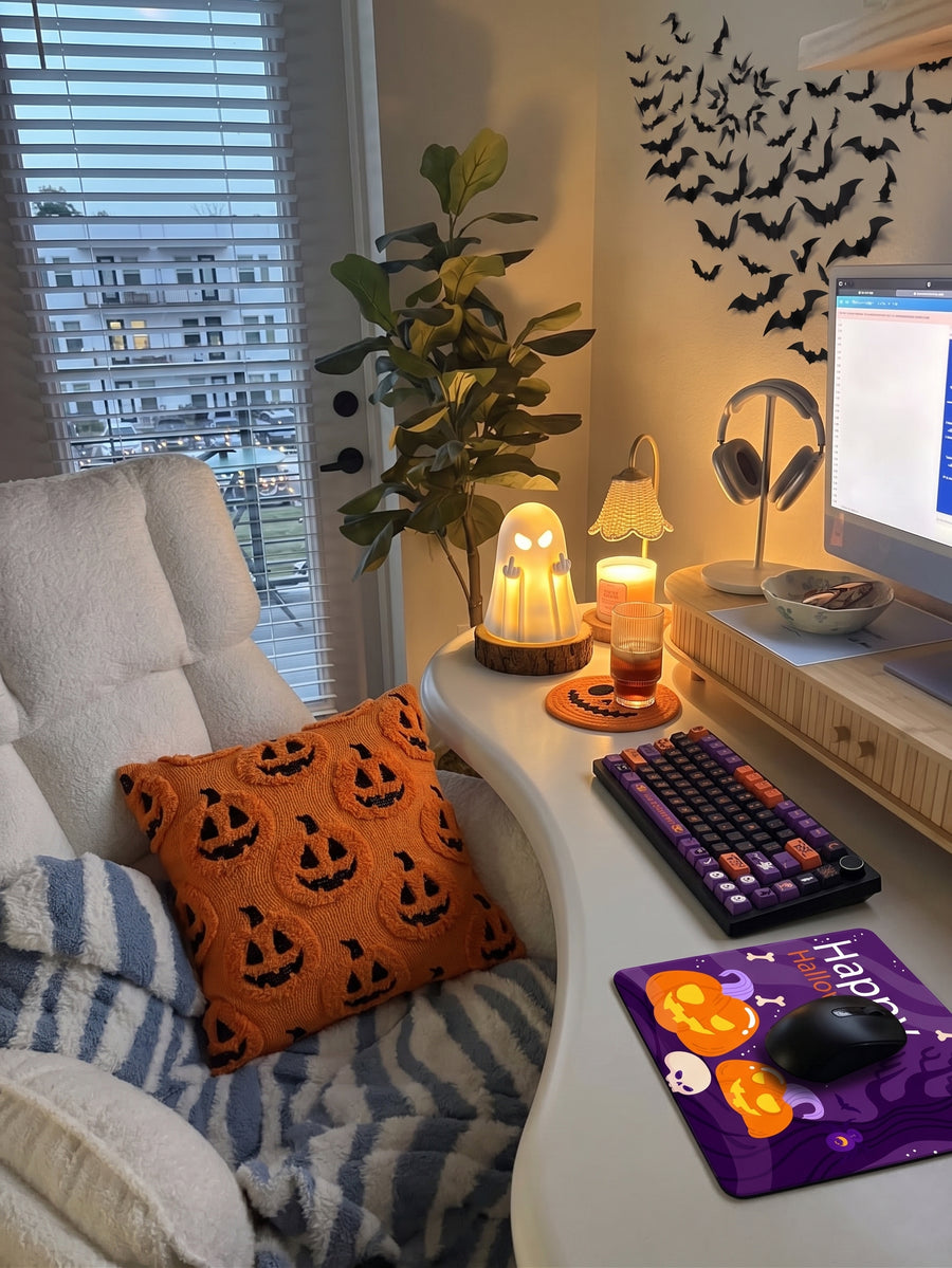 Spooky Corner desk scene with pumpkin pillow covers, handwoven coasters and black cat keycaps